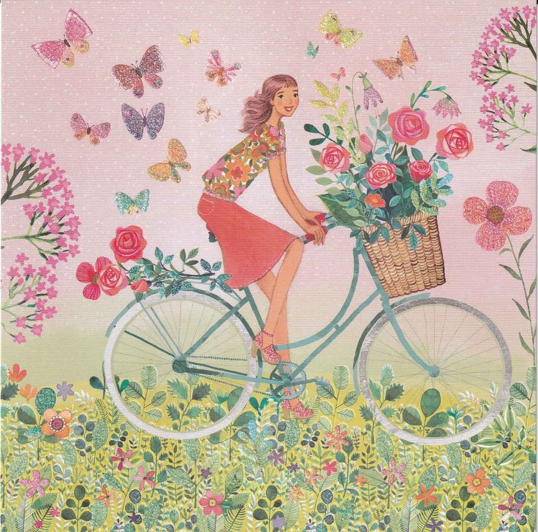 Frau mit Blumen-Fahrrad